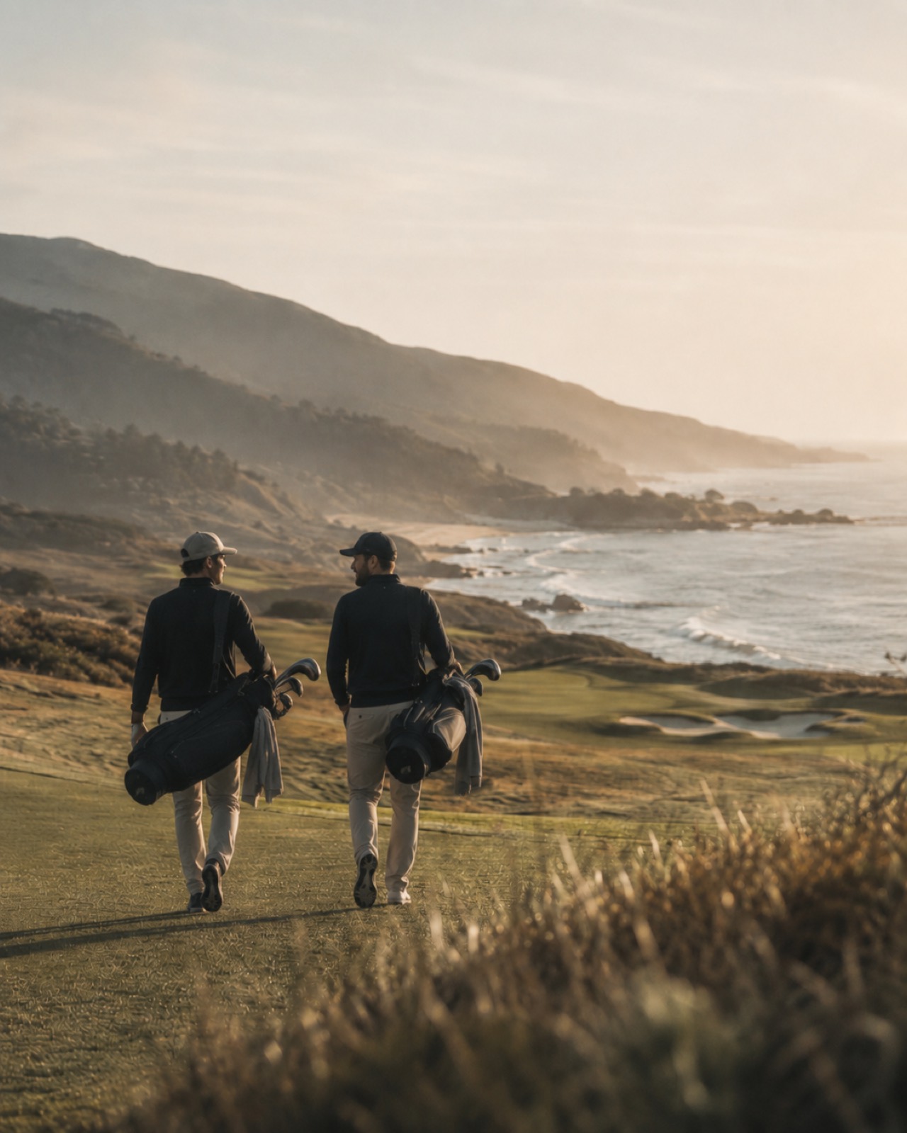 Two golfers walking a coastal fairway at golden hour